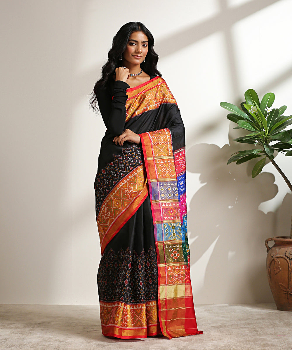 Black_Handloom_Pure_Mulberry_Silk_Patola_Saree_With_Multicolor_Border_And_Pallu_WeaverStory_02