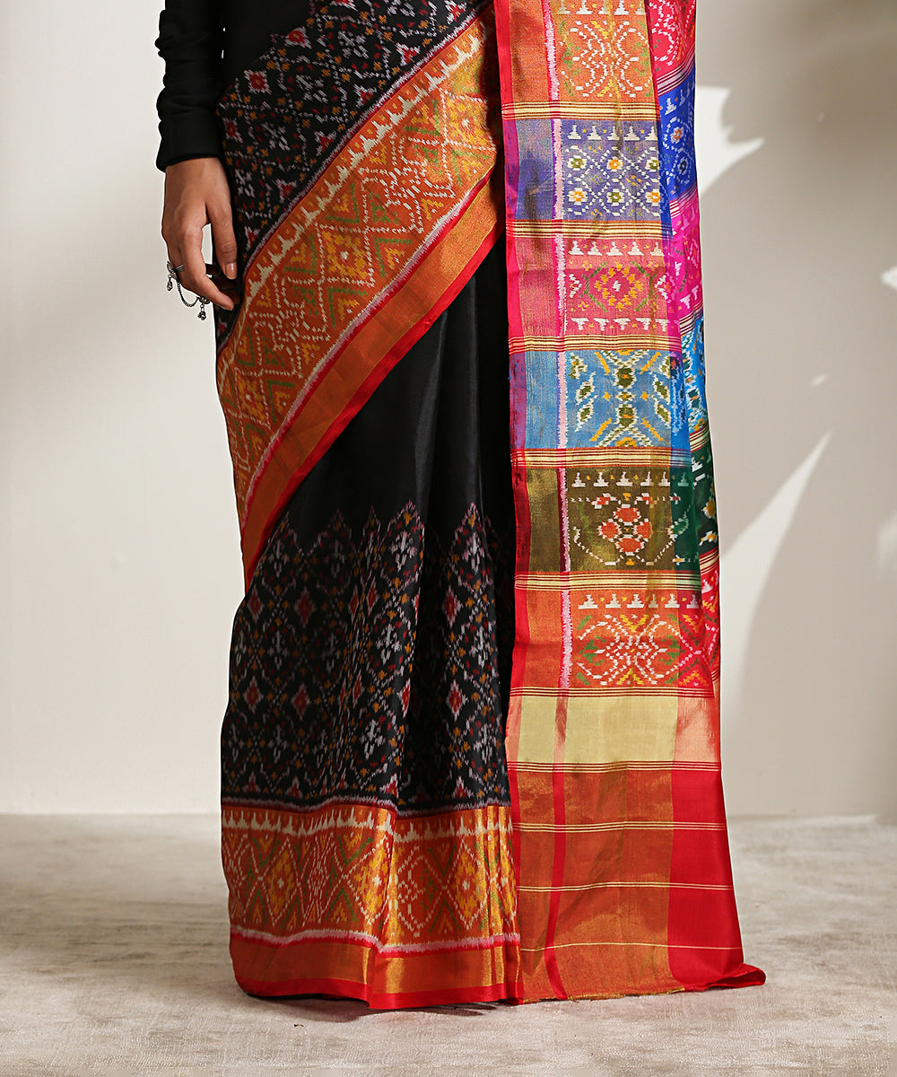 Black_Handloom_Pure_Mulberry_Silk_Patola_Saree_With_Multicolor_Border_And_Pallu_WeaverStory_04