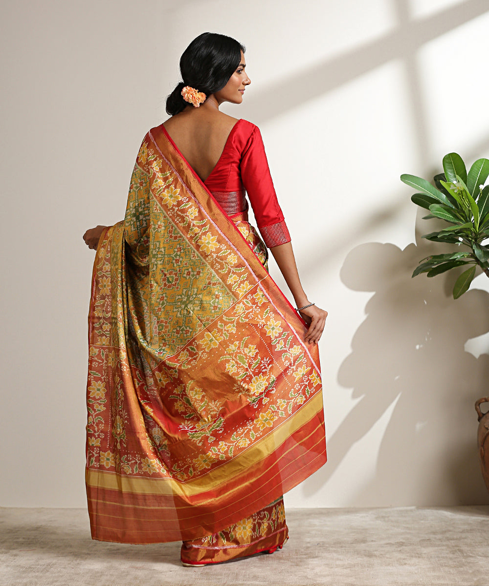 Handloom_Green_Pure_Mulberry_Silk_And_Tissue_Patola_Saree_With_Red_Pallu_WeaverStory_03