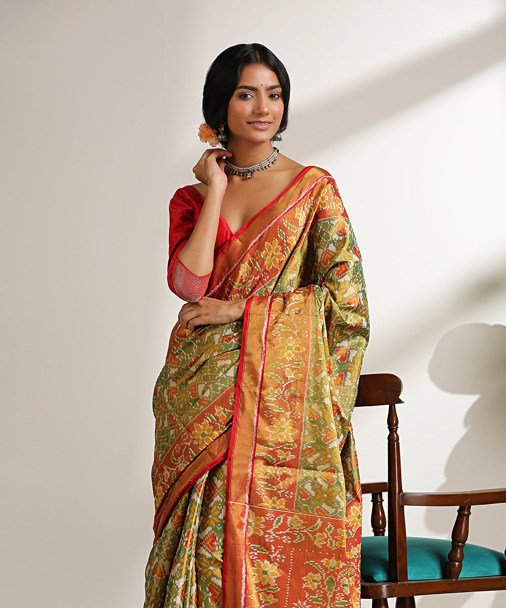 Handloom_Green_Pure_Silk_Tissue_Patola_Saree_With_Red_And_Gold_Border_And_Pallu_WeaverStory_01