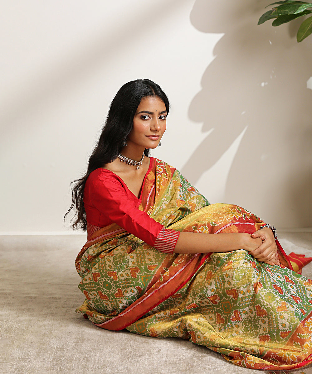 Green_Handloom_Pure_Silk_Tissue_Patola_Saree_With_Rust_And_Gold_Border_And_Pallu_WeaverStory_01