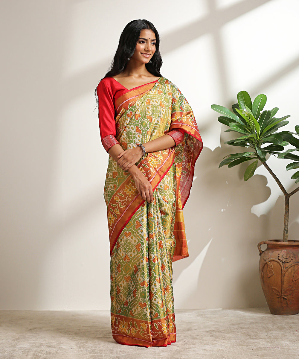 Green_Handloom_Pure_Silk_Tissue_Patola_Saree_With_Rust_And_Gold_Border_And_Pallu_WeaverStory_02