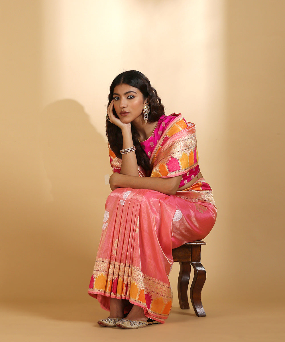 Pink_Handloom_Silk_Tissue_Banarasi_Saree_With_Gold_And_Silver_Marigold_Boota_WeaverStory_01