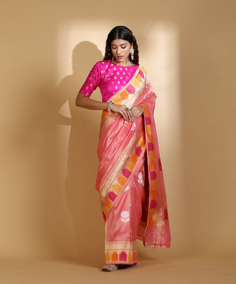 Pink_Handloom_Silk_Tissue_Banarasi_Saree_With_Gold_And_Silver_Marigold_Boota_WeaverStory_02