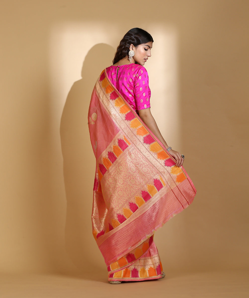 Pink_Handloom_Silk_Tissue_Banarasi_Saree_With_Gold_And_Silver_Marigold_Boota_WeaverStory_03