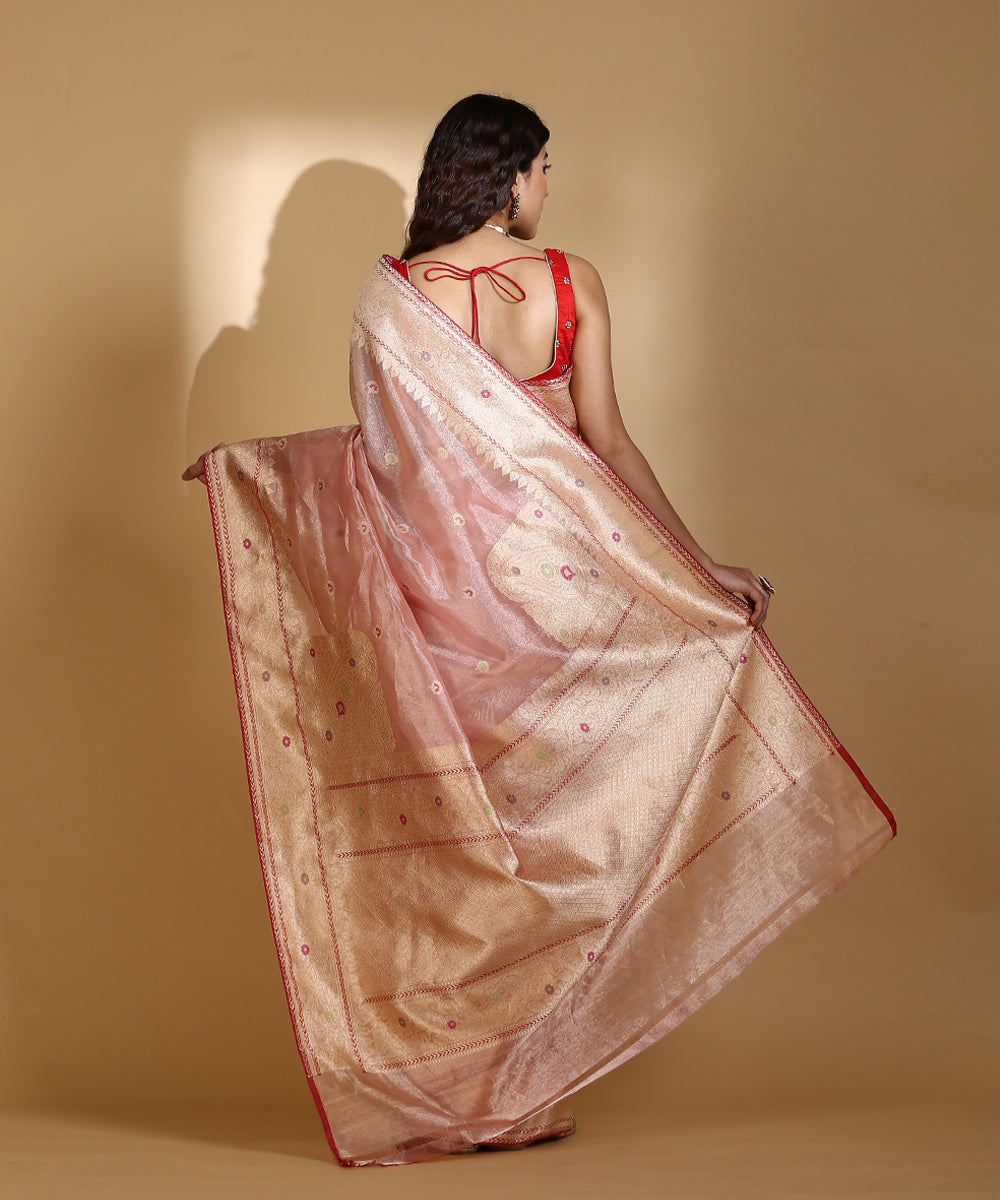 Handloom_Light_Pink_Silk_Tissue_Banarasi_Saree_With_Kadhwa_Booti_And_Red_Blouse_WeaverStory_03