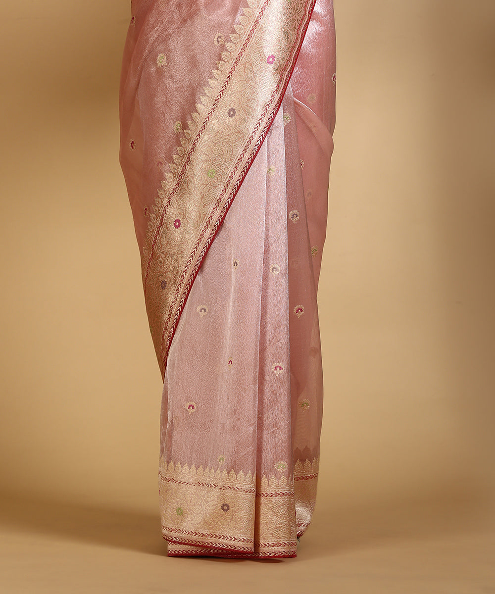 Handloom_Light_Pink_Silk_Tissue_Banarasi_Saree_With_Kadhwa_Booti_And_Red_Blouse_WeaverStory_04