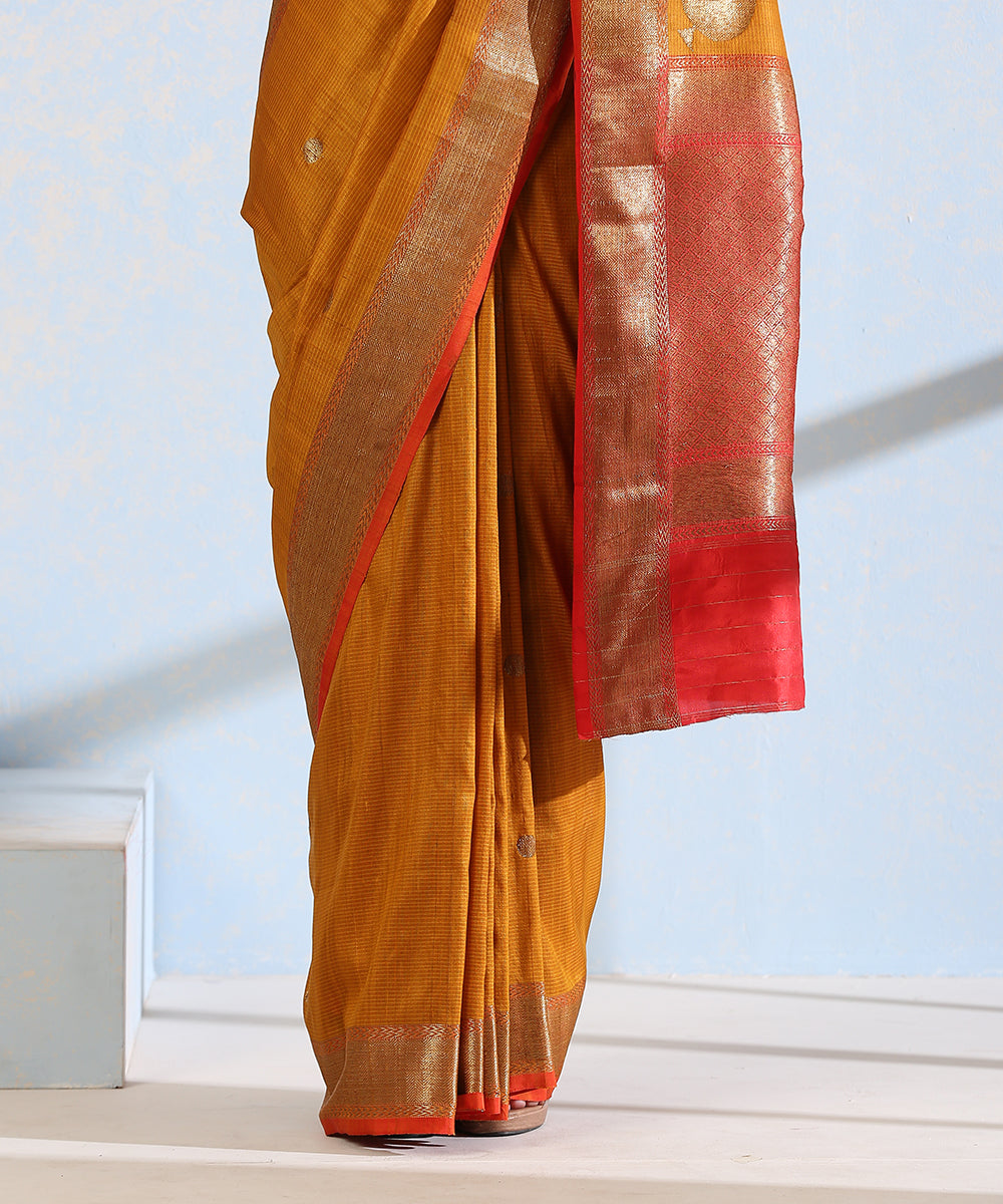Mustard_Handloom_Striped_Dupion_Silk_Banarasi_Saree_With_Konia_Motifs_In_Antique_Zari_WeaverStory_04