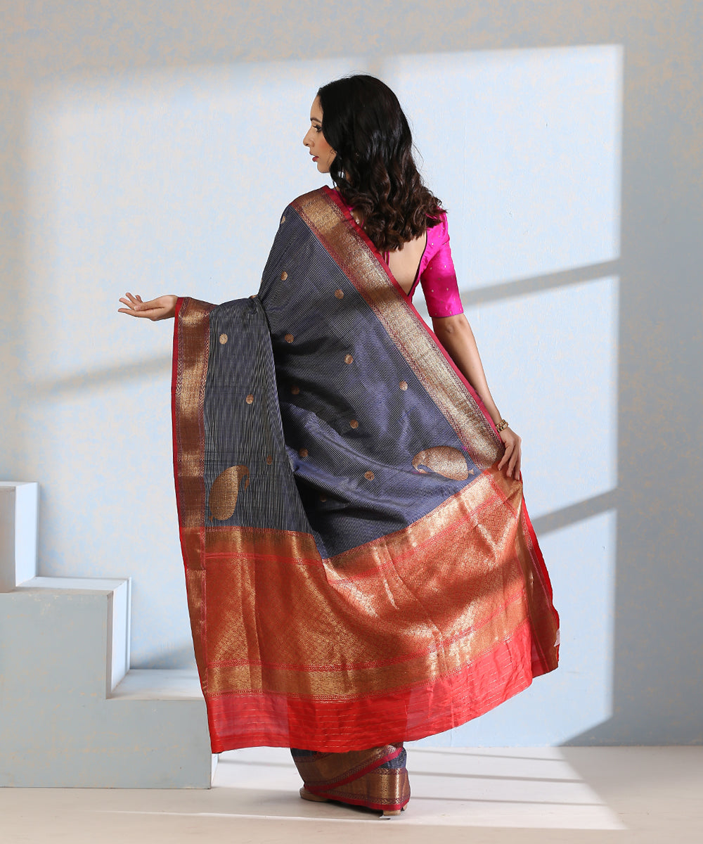 Peacock_Blue_Handloom_Striped_Dupion_Silk_Banarasi_Saree_With_Konia_Motifs_In_Antique_Zari_WeaverStory_03