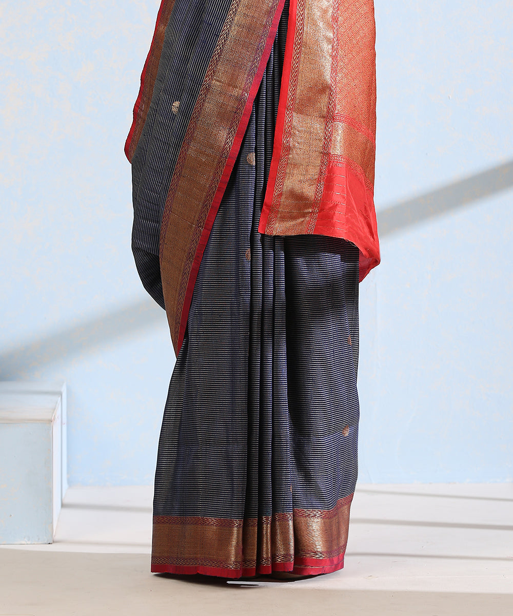 Peacock_Blue_Handloom_Striped_Dupion_Silk_Banarasi_Saree_With_Konia_Motifs_In_Antique_Zari_WeaverStory_04