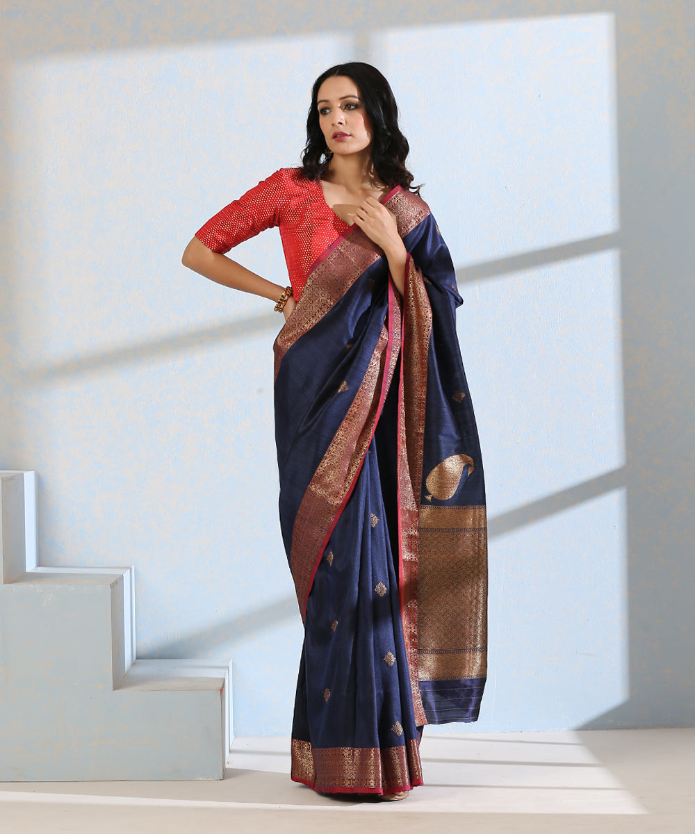 Blue_Handloom_Dupion_Silk_Banarasi_Saree_With_Red_Border_And_Antique_Zari_WeaverStory_02