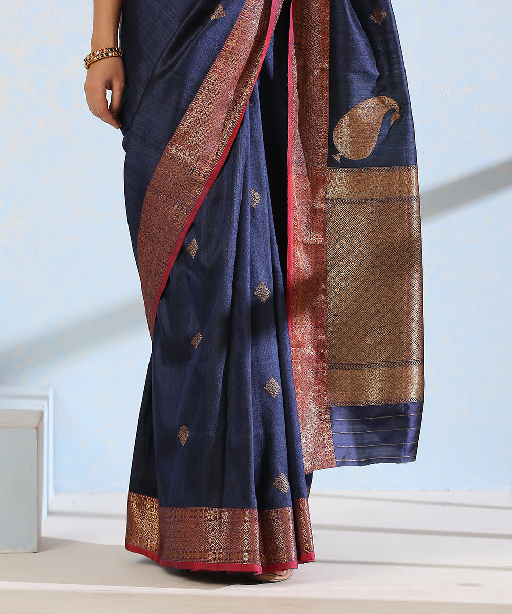 Blue_Handloom_Dupion_Silk_Banarasi_Saree_With_Red_Border_And_Antique_Zari_WeaverStory_04