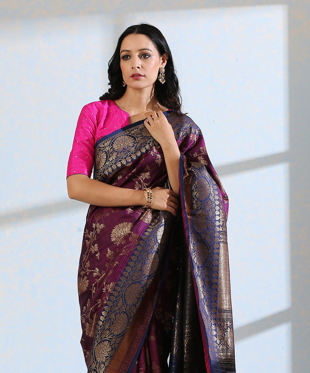 Handloom_Purple_Dupion_Silk_Banarasi_Saree_With_Blue_Border_And_All_Over_Antique_Zari_Jaal_WeaverStory_01
