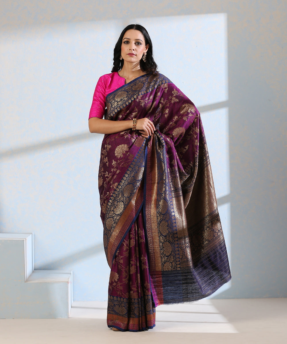 Handloom_Purple_Dupion_Silk_Banarasi_Saree_With_Blue_Border_And_All_Over_Antique_Zari_Jaal_WeaverStory_02