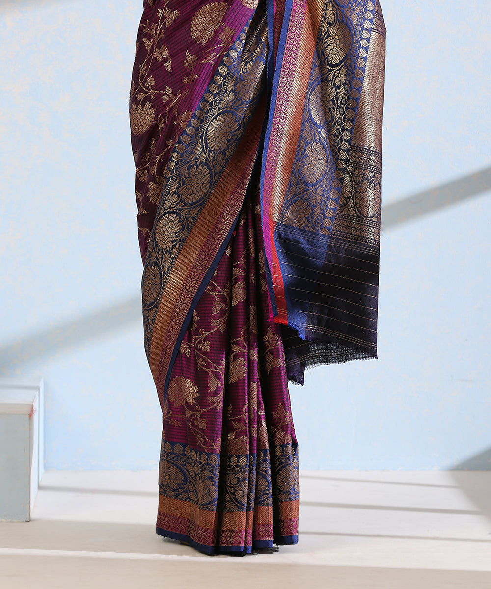 Handloom_Purple_Dupion_Silk_Banarasi_Saree_With_Blue_Border_And_All_Over_Antique_Zari_Jaal_WeaverStory_04