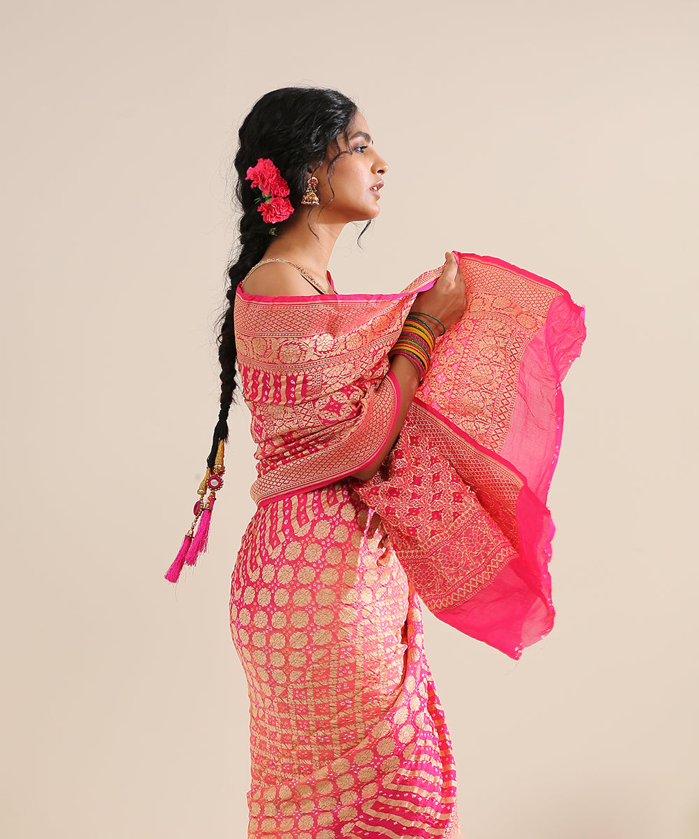 Handloom_Pink_and_Peach_Georgette_Banarasi_Bandhej_Saree_With_Cutwork_Weave_WeaverStory_01