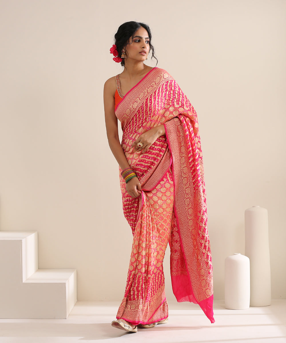 Handloom_Pink_and_Peach_Georgette_Banarasi_Bandhej_Saree_With_Cutwork_Weave_WeaverStory_02