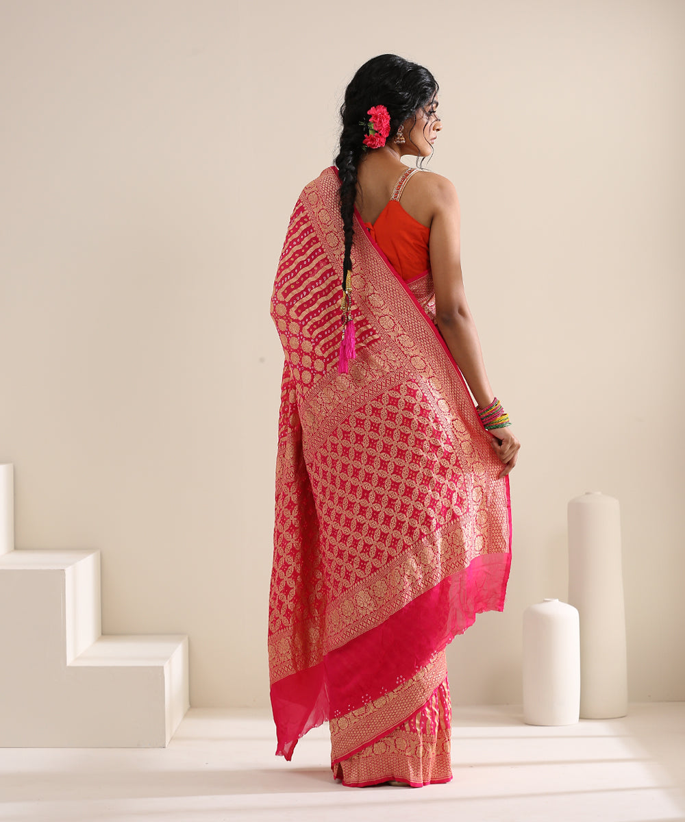 Handloom_Pink_and_Peach_Georgette_Banarasi_Bandhej_Saree_With_Cutwork_Weave_WeaverStory_03