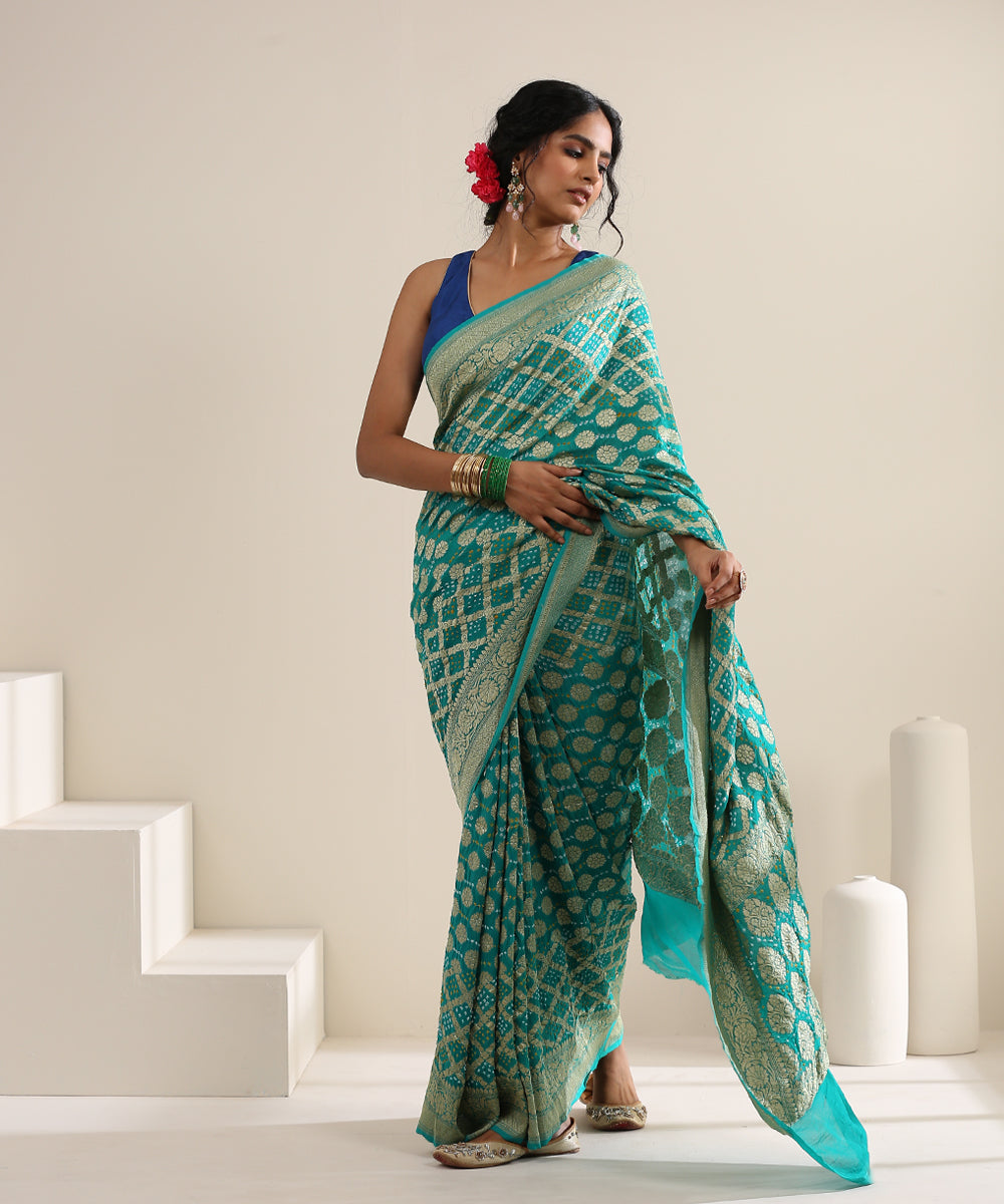 Teal_Handloom_Georgette_Banarasi_Bandhej_Saree_With_Cutwork_Weave_WeaverStory_02