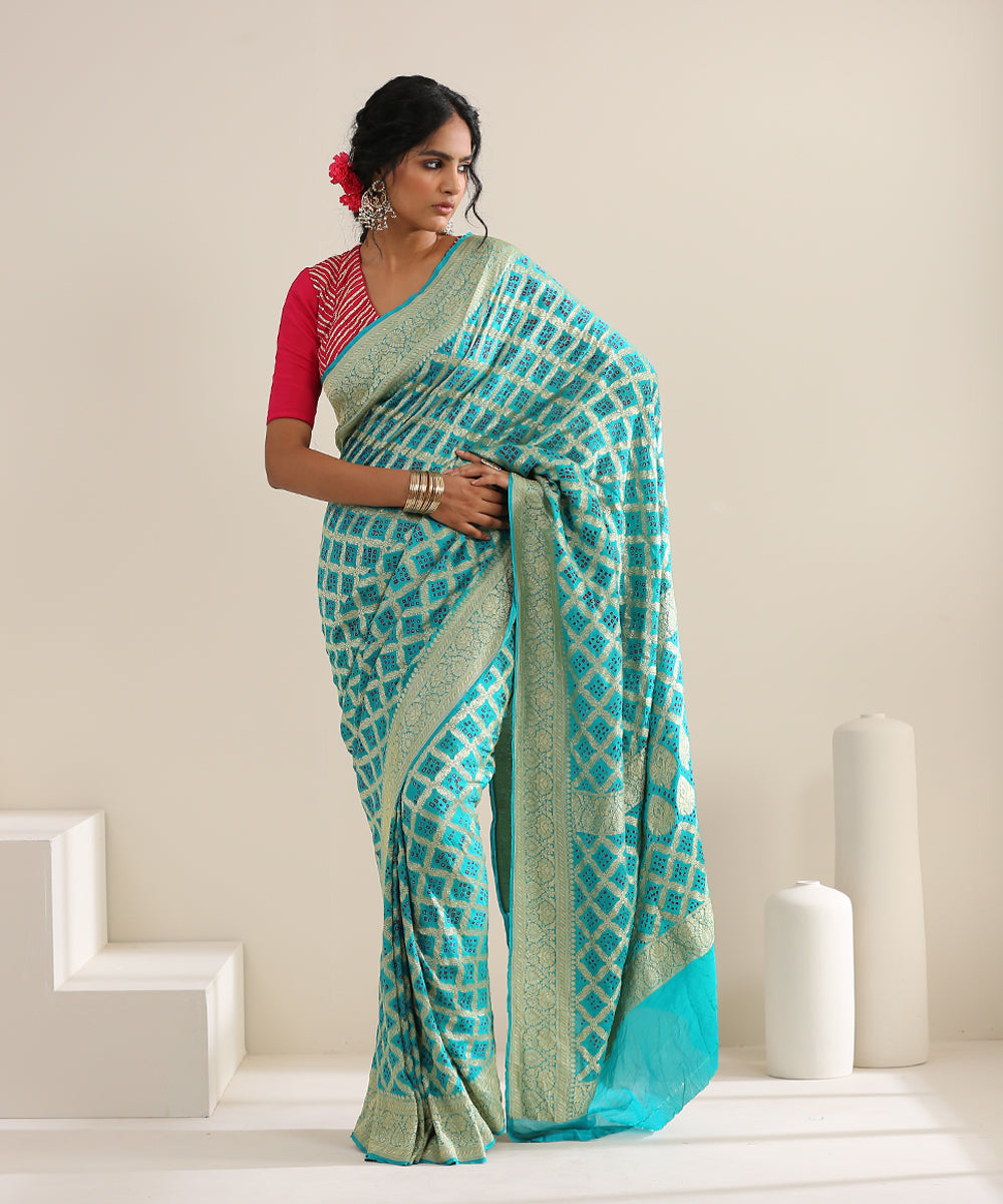Aqua_Handloom_Georgette_Banarasi_Bandhej_Saree_With_Zari_Jaal_WeaverStory_02