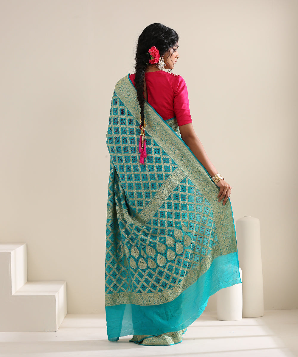 Aqua_Handloom_Georgette_Banarasi_Bandhej_Saree_With_Zari_Jaal_WeaverStory_03