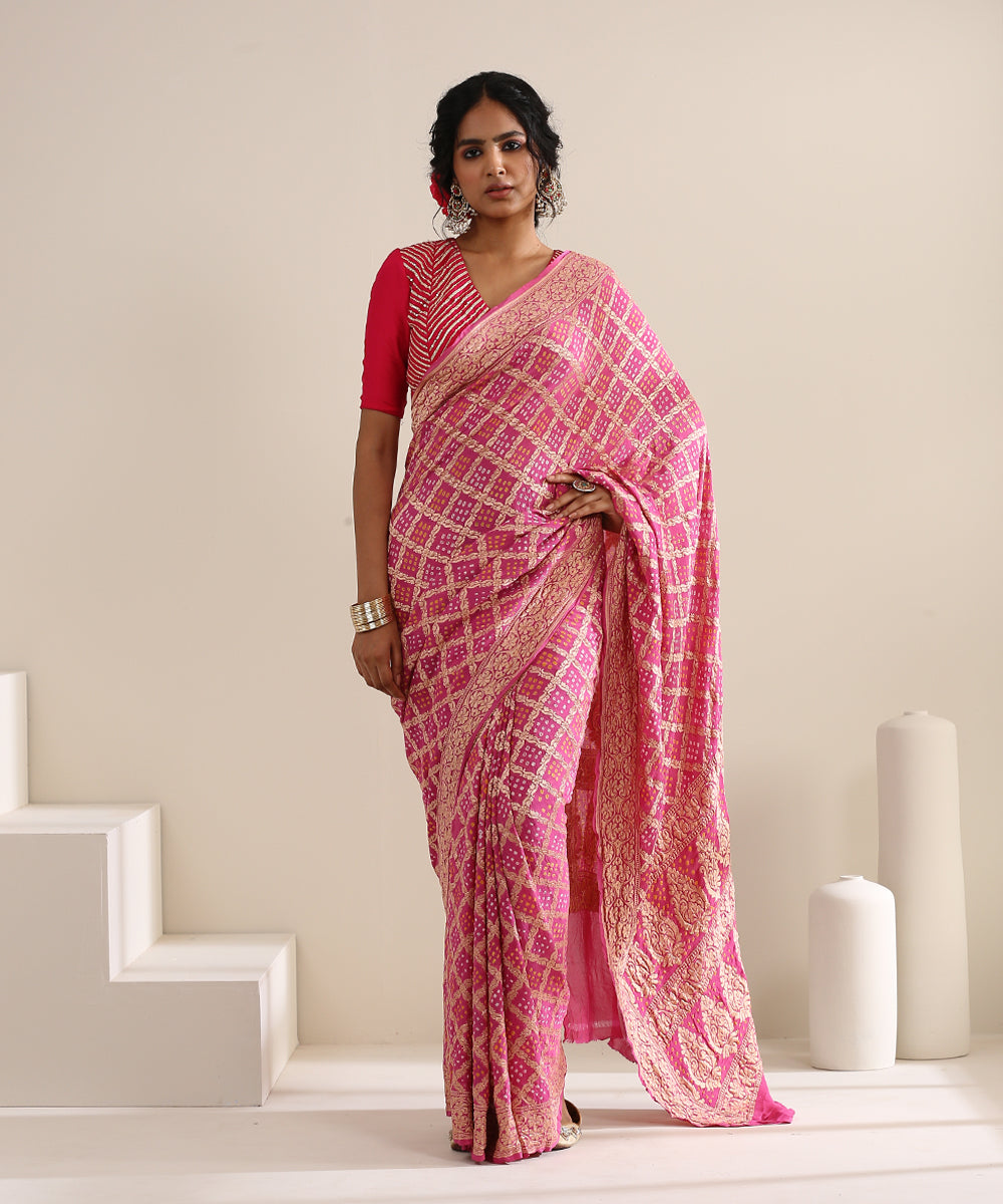 Pink_Handloom_Georgette_Banarasi_Bandhej_Saree_With_Floral_Jaal_WeaverStory_02