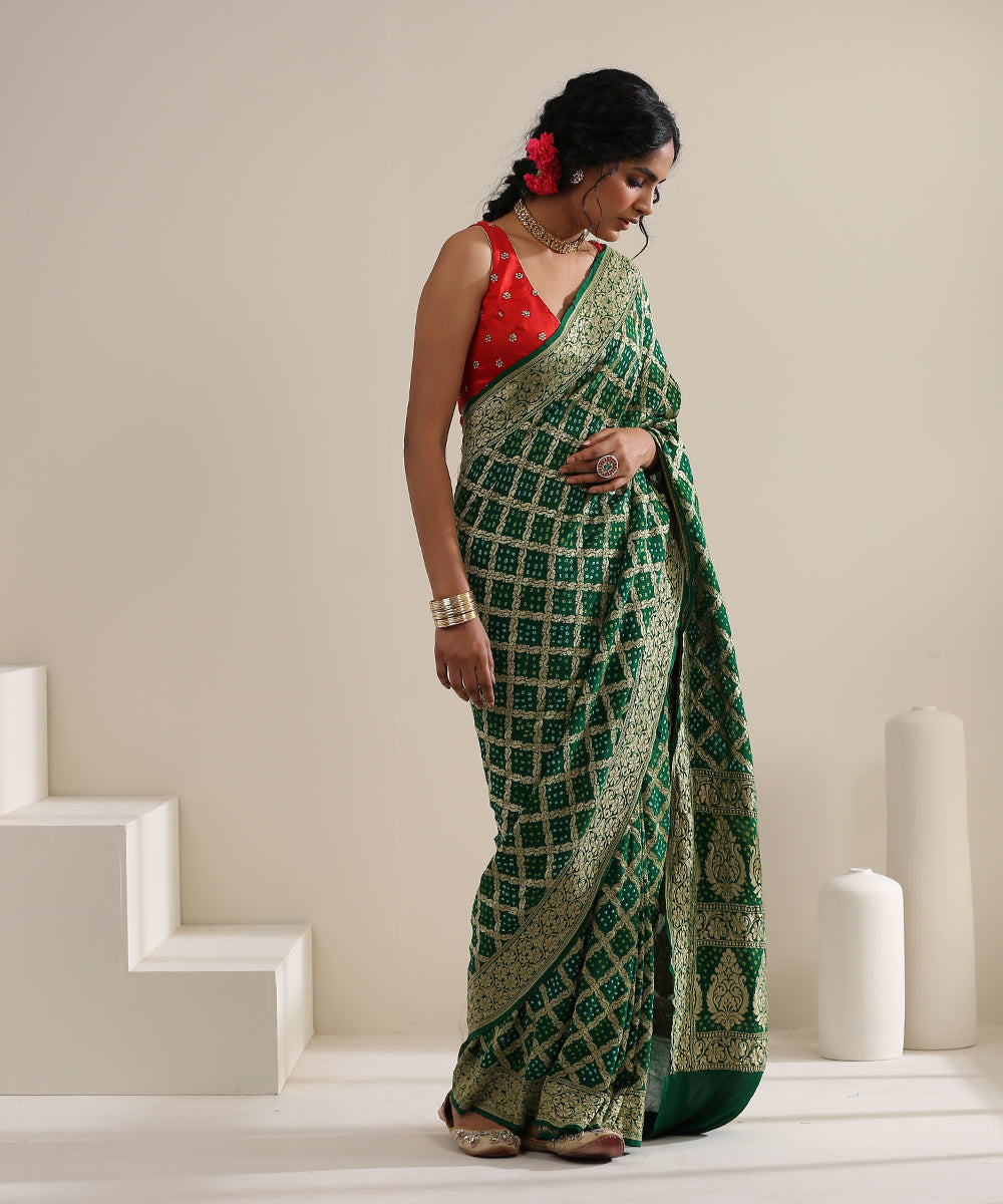 Handloom_Dark_Green_Georgette_Banarasi_Bandhej_Saree_With_Cutwork_Weave_WeaverStory_02
