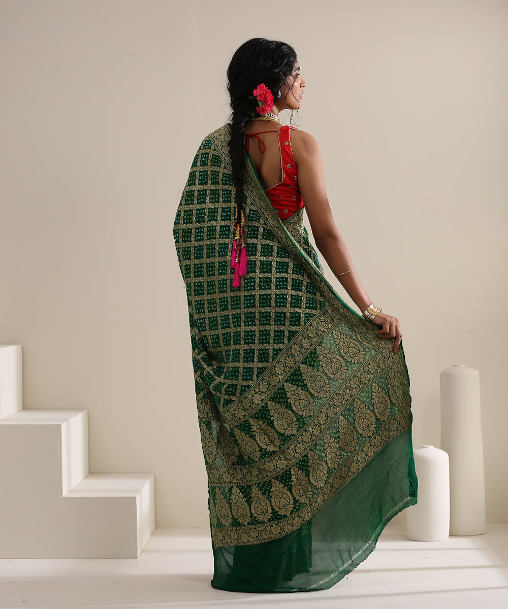 Handloom_Dark_Green_Georgette_Banarasi_Bandhej_Saree_With_Cutwork_Weave_WeaverStory_03