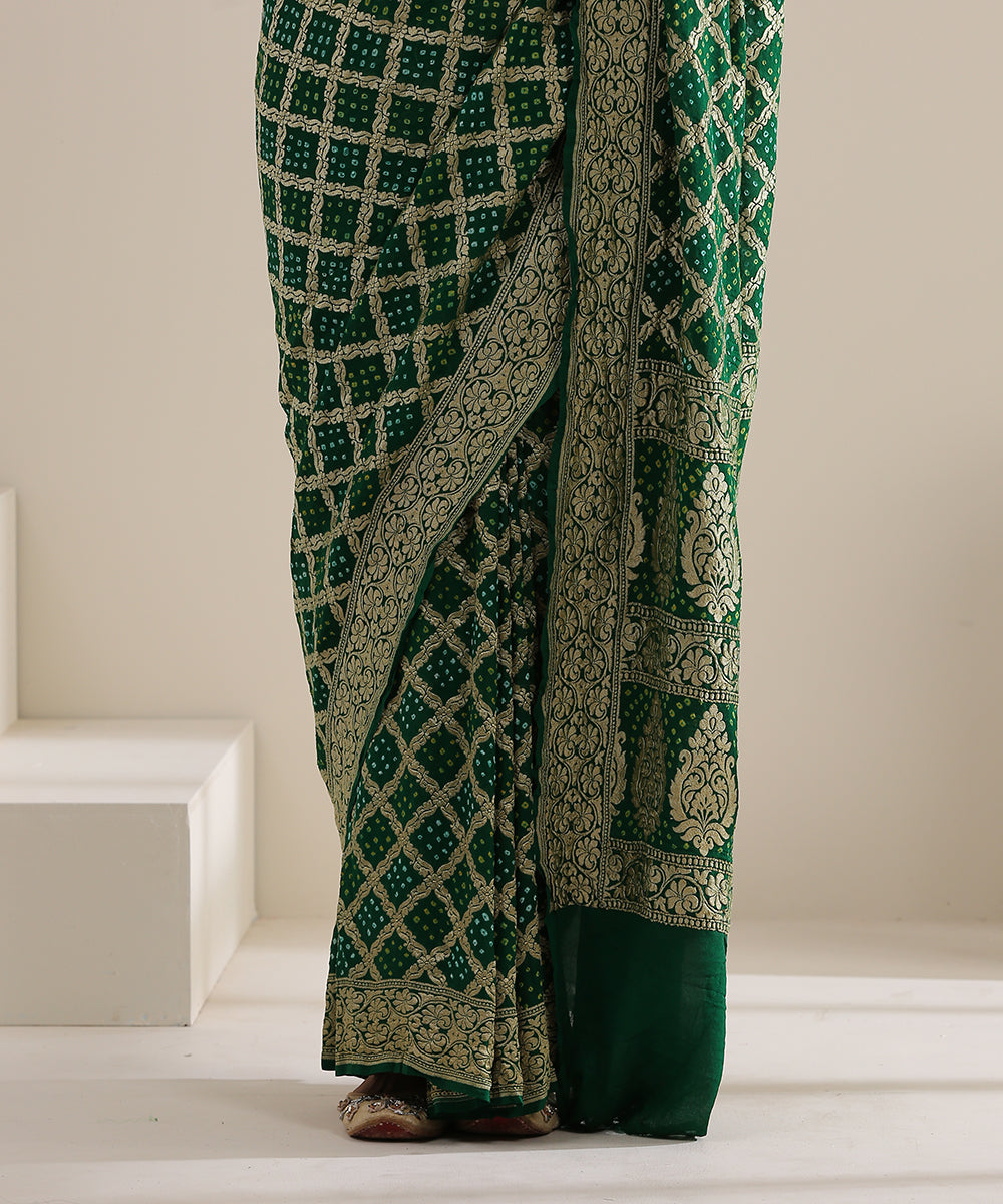 Handloom_Dark_Green_Georgette_Banarasi_Bandhej_Saree_With_Cutwork_Weave_WeaverStory_04