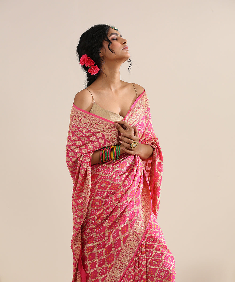 Candy_Pink_Handloom_Georgette_Banarasi_Bandhej_Saree_With_Diamond_Jaal_WeaverStory_01
