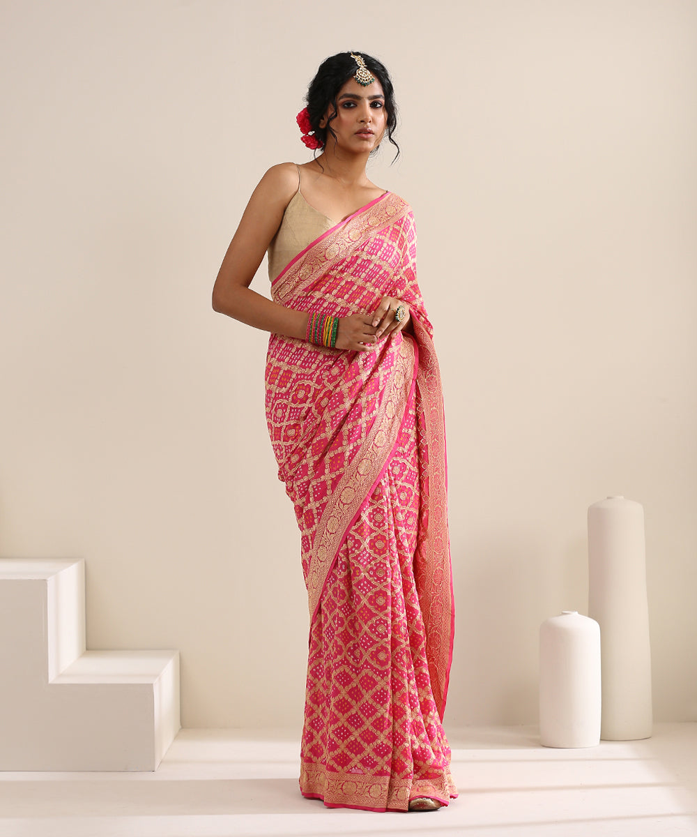Candy_Pink_Handloom_Georgette_Banarasi_Bandhej_Saree_With_Diamond_Jaal_WeaverStory_02