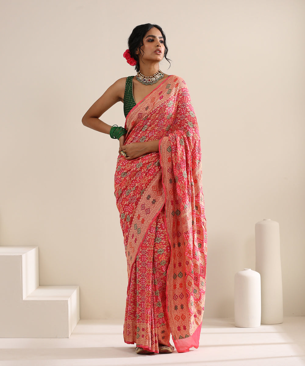 Handloom_Fluorescent_Pink_Patola_Georgette_Banarasi_Bandhej_Saree_With_Meenakari_WeaverStory_02