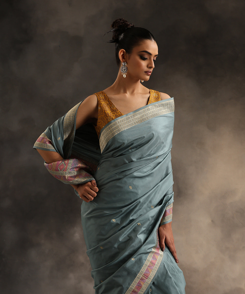 Grey_Handloom_Pure_Katan_Silk_Tanchoi_Banarasi_Saree_With_Meenakari_Border_WeaverStory_01