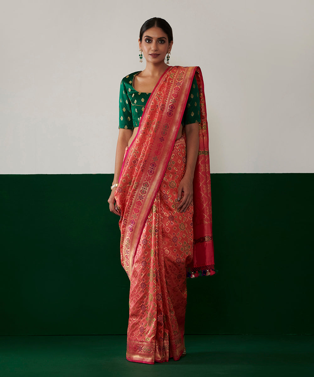 Peach Handloom Pure Katan Silk Banarasi Patola Saree With Pink Border