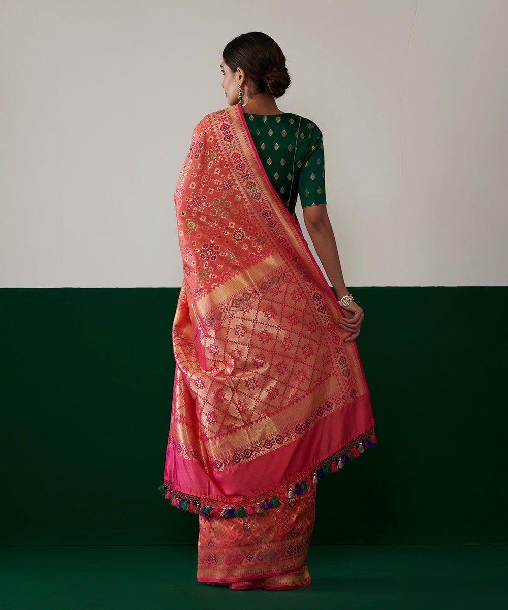 Peach Handloom Pure Katan Silk Banarasi Patola Saree With Pink Border