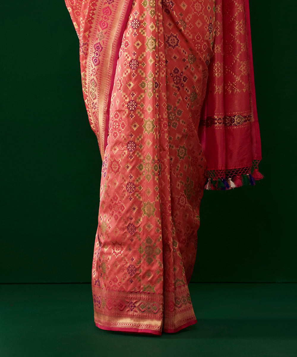 Peach Handloom Pure Katan Silk Banarasi Patola Saree With Pink Border