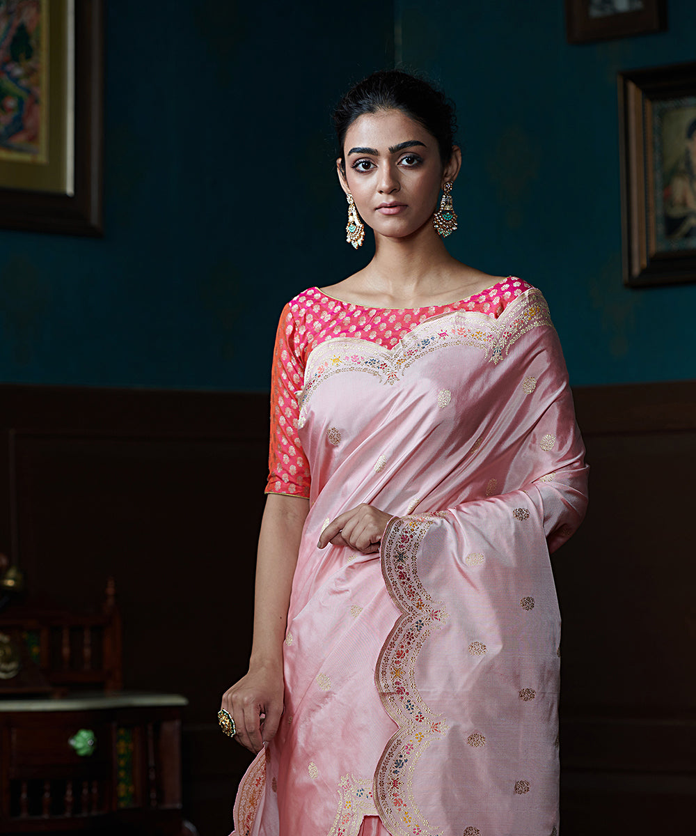 Handloom_Powder_Pink_Pure_Katan_Silk_Banarasi_Saree_With_Scalloped_Meenakari_Border_And_Pink_Blouse_WeaverStory_01
