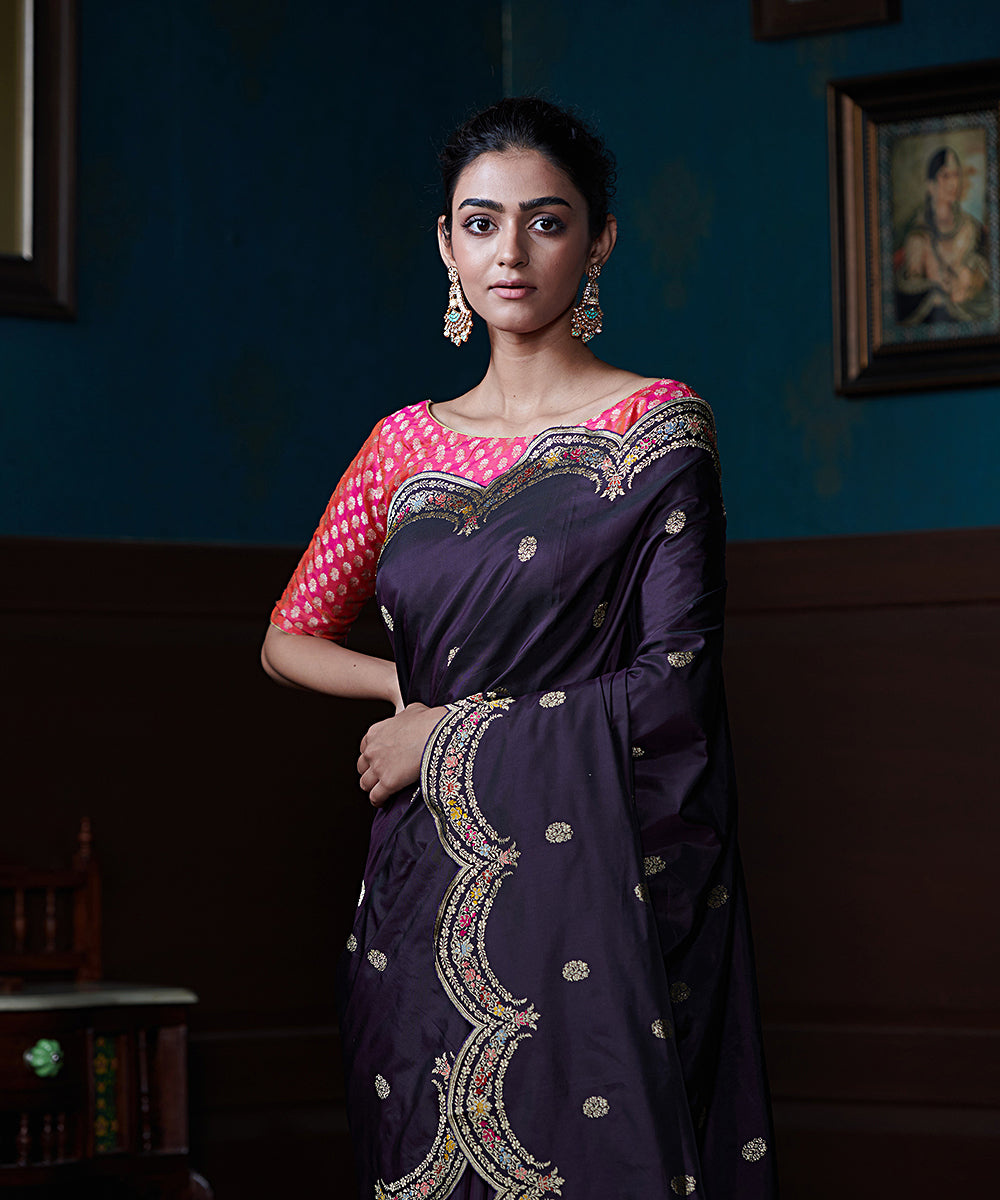 Handloom_Dark_Wine_Pure_Katan_Silk_Banarasi_Saree_With_Scalloped_Meenakari_Border_And_Pink_Blouse_WeaverStory_01