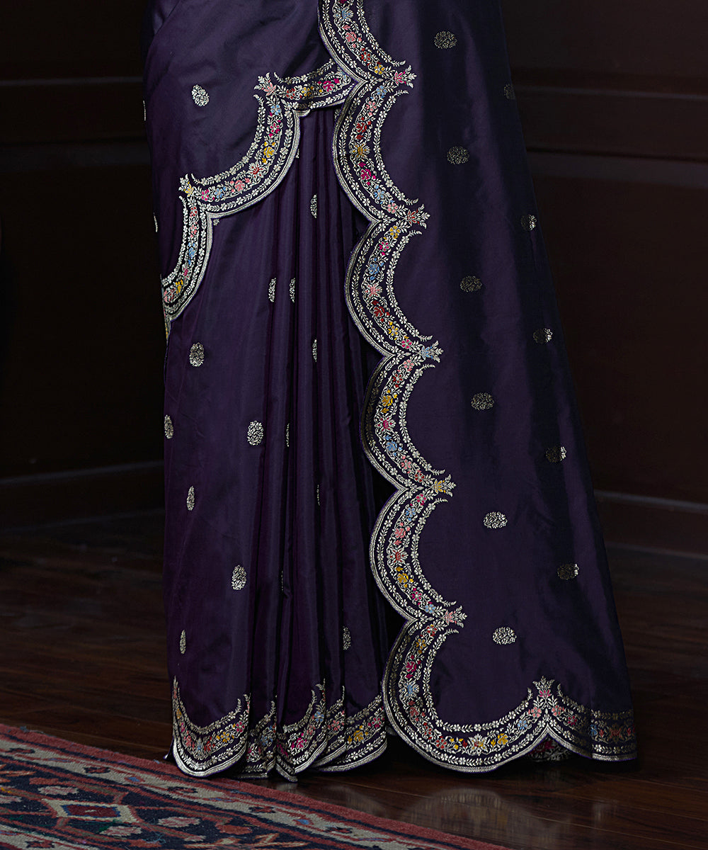 Handloom_Dark_Wine_Pure_Katan_Silk_Banarasi_Saree_With_Scalloped_Meenakari_Border_And_Pink_Blouse_WeaverStory_04