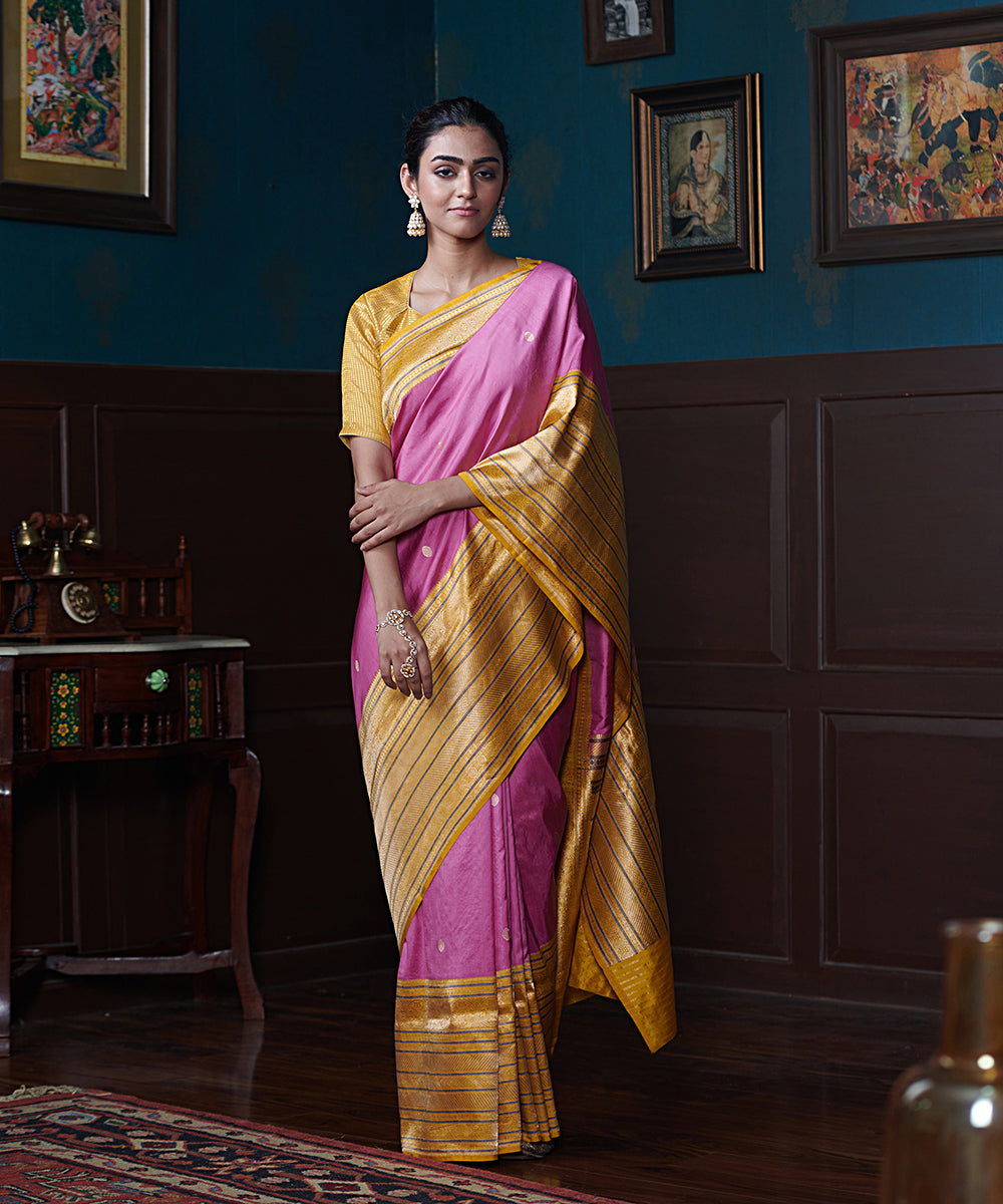 Handloom_Rose_Pink_Pure_Katan_Silk_Banarasi_Saree_With_Yellow_Meenakari_Contrast_Border_WeaverStory_02