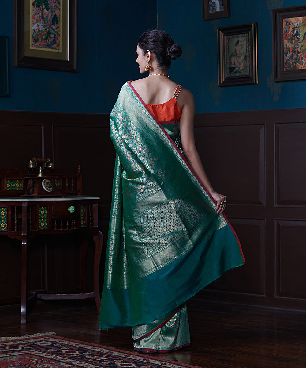 Handloom_Emerald_Green_Pure_Katan_Silk_Meenakari_Banarasi_Saree_With_Yellow_Blouse_WeaverStory_03