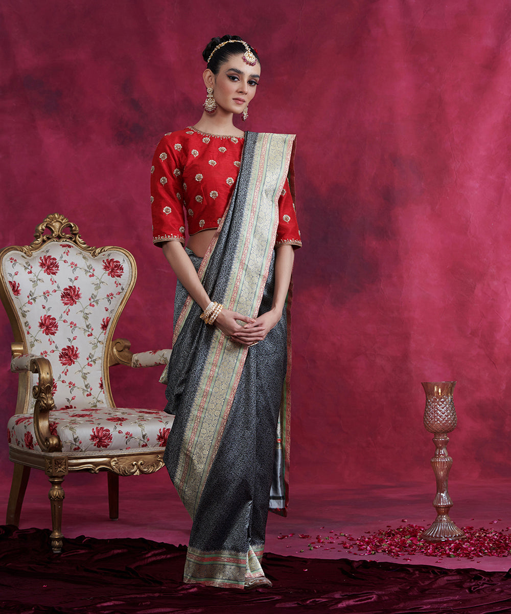 Black_And_Grey_Handloom_Reshmi_Tanchoi_Banarasi_Saree_With_Zari_Meenakari_Border_WeaverStory_02
