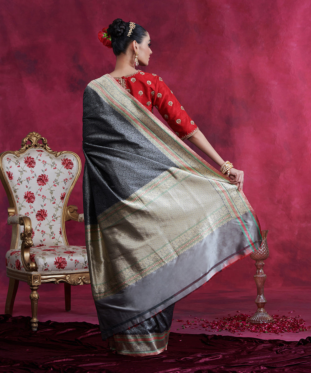 Black_And_Grey_Handloom_Reshmi_Tanchoi_Banarasi_Saree_With_Zari_Meenakari_Border_WeaverStory_03