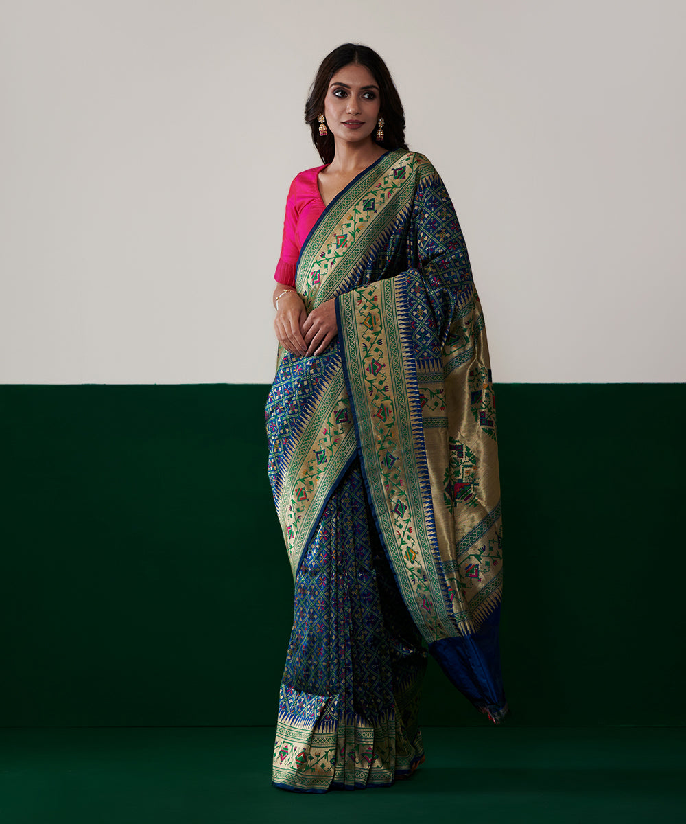 Handloom_Blue_Double_Warp_Pure_Katan_Silk_Banarasi_Patola_Saree_With_Paithani_Border_WeaverStory_02