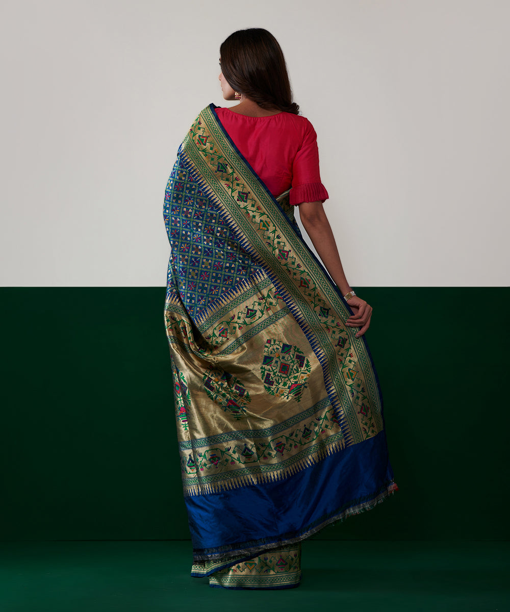 Handloom_Blue_Double_Warp_Pure_Katan_Silk_Banarasi_Patola_Saree_With_Paithani_Border_WeaverStory_03