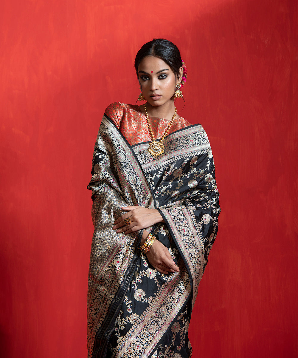 Black_Handloom_Pure_Katan_Silk_Saree_With_Kadhwa_Jaal_And_Meenakari_WeaverStory_01