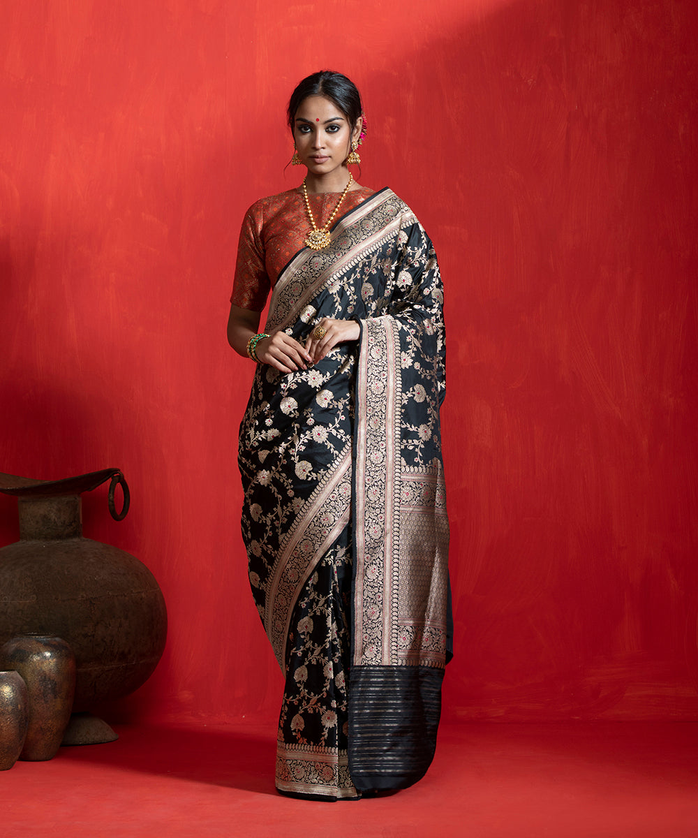Black_Handloom_Pure_Katan_Silk_Saree_With_Kadhwa_Jaal_And_Meenakari_WeaverStory_02