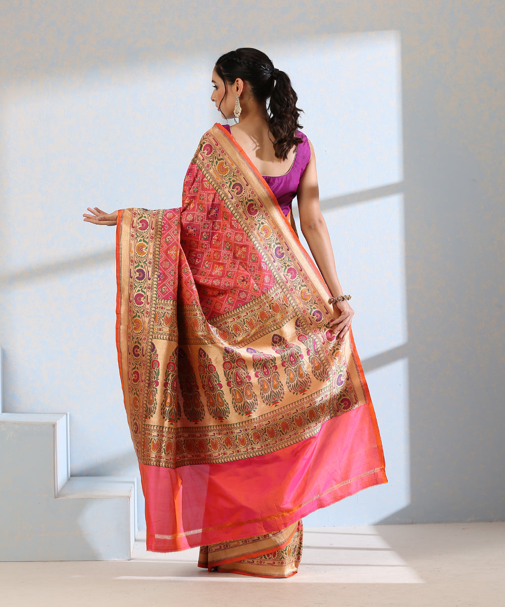 Pink_Handloom_Pure_Katan_Silk_Meenakari_Banarasi_Patola_Saree_With_Floral_Paithani_Border_WeaverStory_03