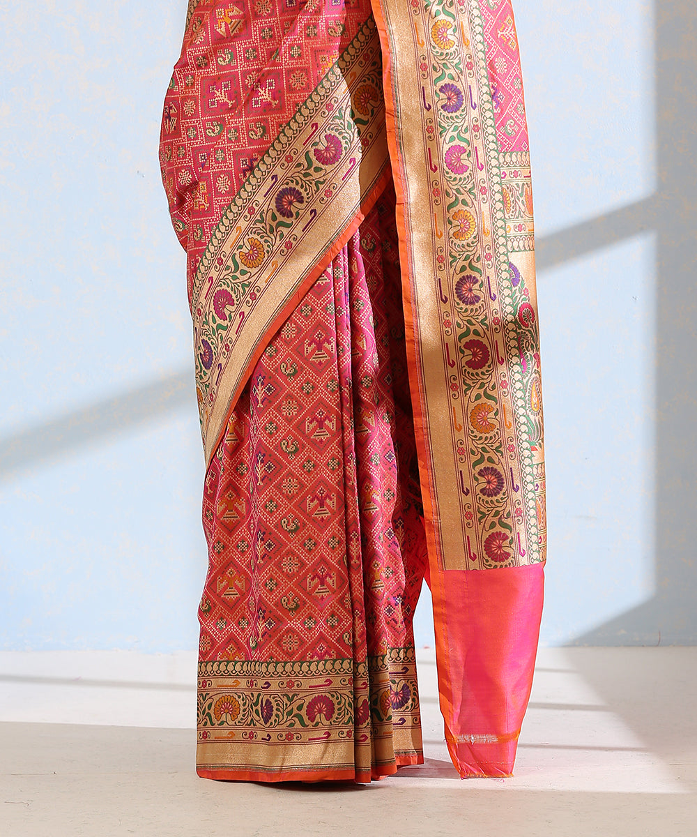 Pink_Handloom_Pure_Katan_Silk_Meenakari_Banarasi_Patola_Saree_With_Floral_Paithani_Border_WeaverStory_04
