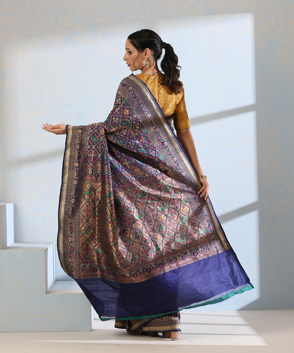 Blue_Handloom_Pure_Katan_Silk_Meenakari_Banarasi_Patola_Saree_With_Floral_Paithani_Border_WeaverStory_03